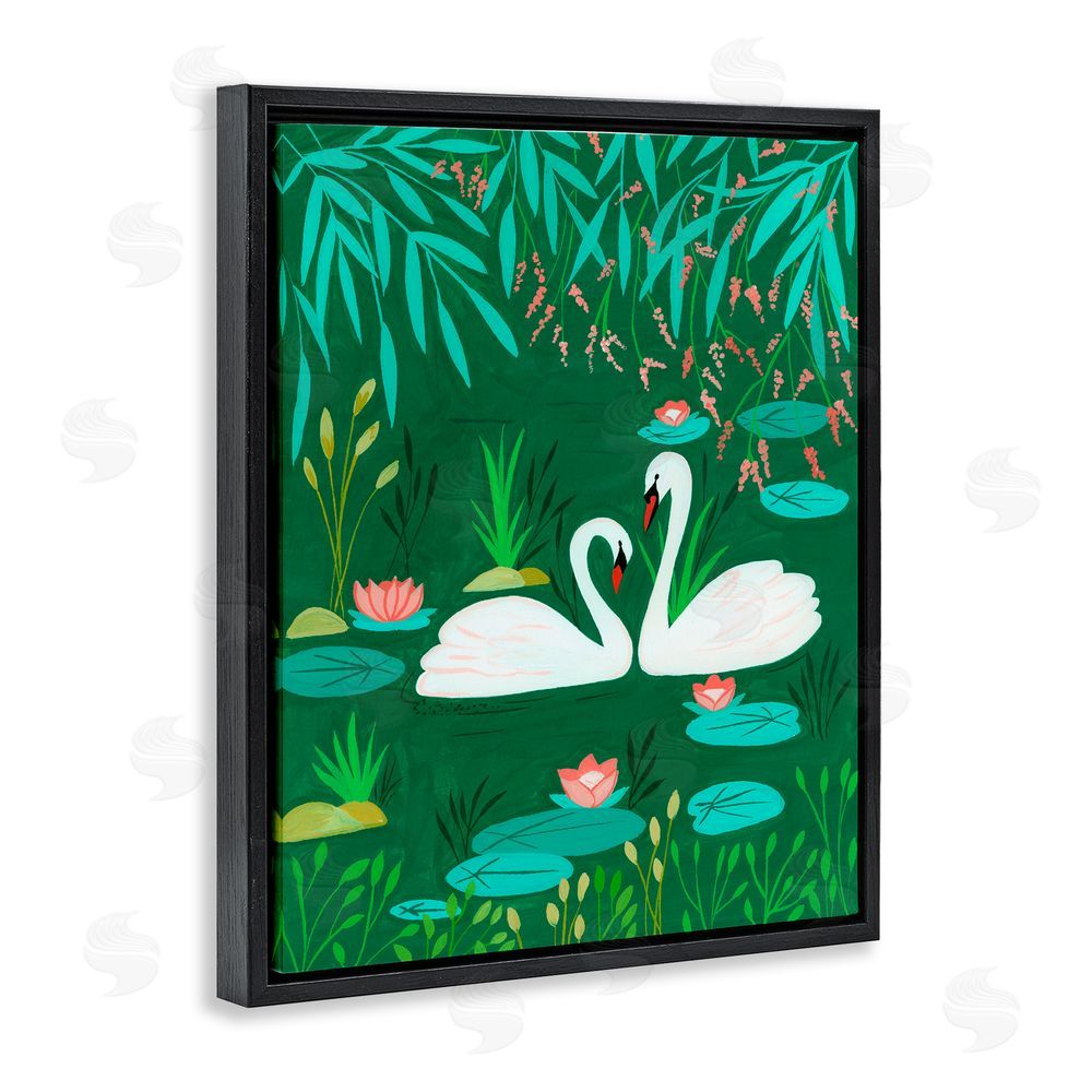 Nabeela Rumi Swan Pair on Green Pond Black Floating Frame Canvas Wall Art Print
