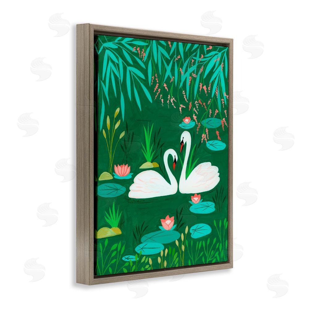 Nabeela Rumi Swan Pair on Green Pond Brown Floating Frame Canvas Wall Art Print