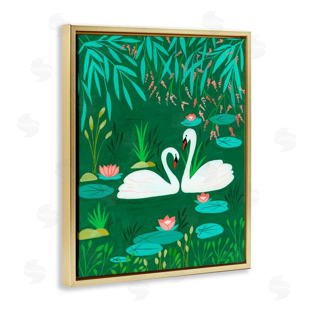 Nabeela Rumi Swan Pair on Green Pond Gold Floating Frame Canvas Wall Art Print