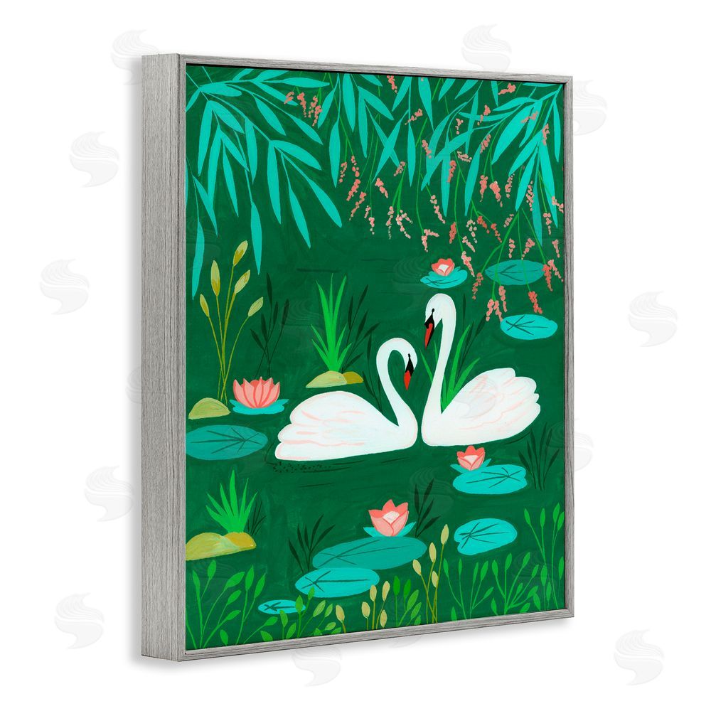 Nabeela Rumi Swan Pair on Green Pond Gray Framed Giclee Print Wall Art