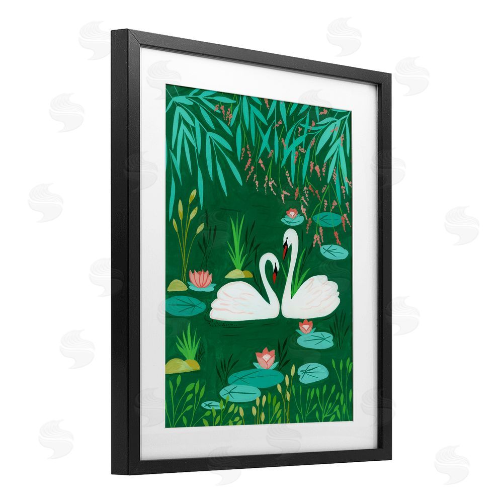 Nabeela Rumi Swan Pair on Green Pond Black Framed Print Under Glass Wall Art