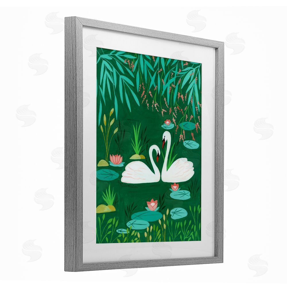 Nabeela Rumi Swan Pair on Green Pond Gray Framed Print Under Glass Wall Art