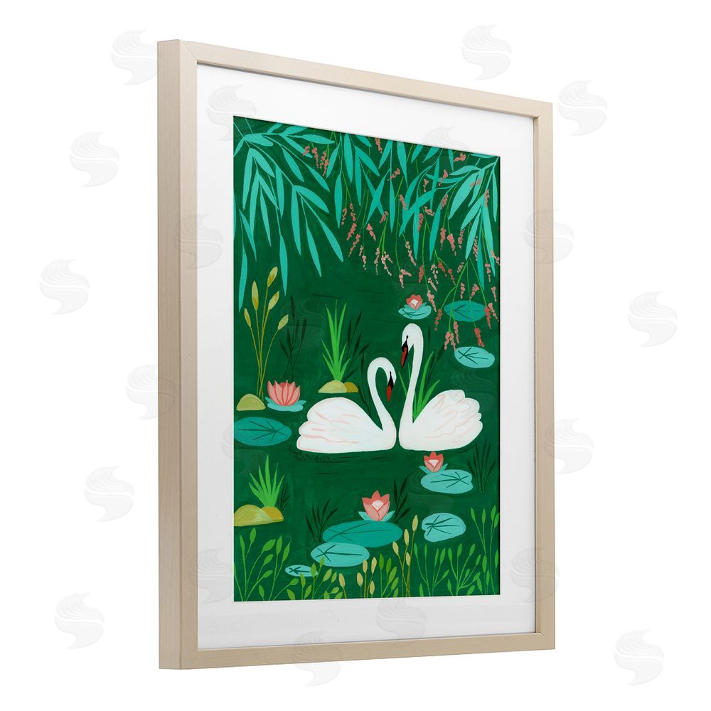 Nabeela Rumi Swan Pair on Green Pond Brown Framed Print Under Glass Wall Art