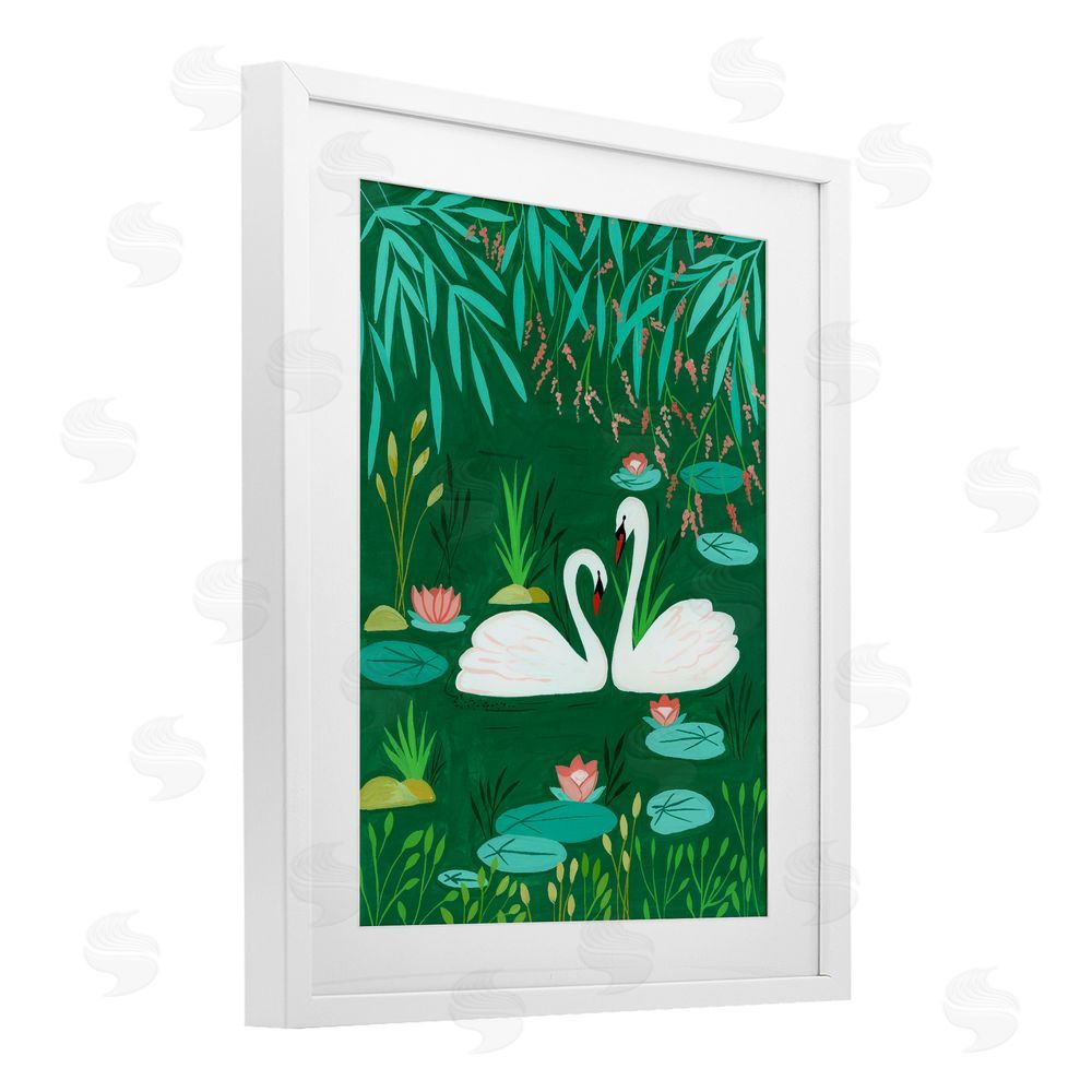 Nabeela Rumi Swan Pair on Green Pond White Framed Print Under Glass Wall Art