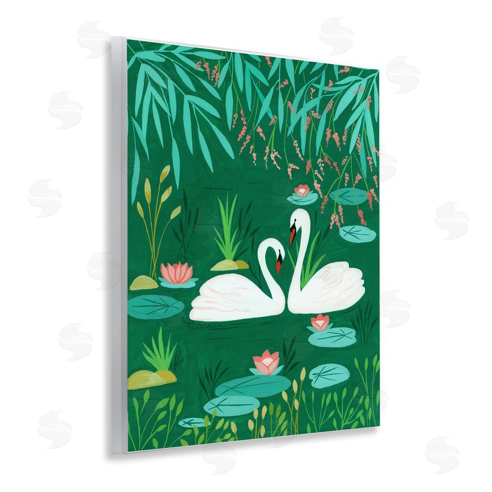 Nabeela Rumi Swan Pair on Green Pond Wooden Wall Plaque Art Print