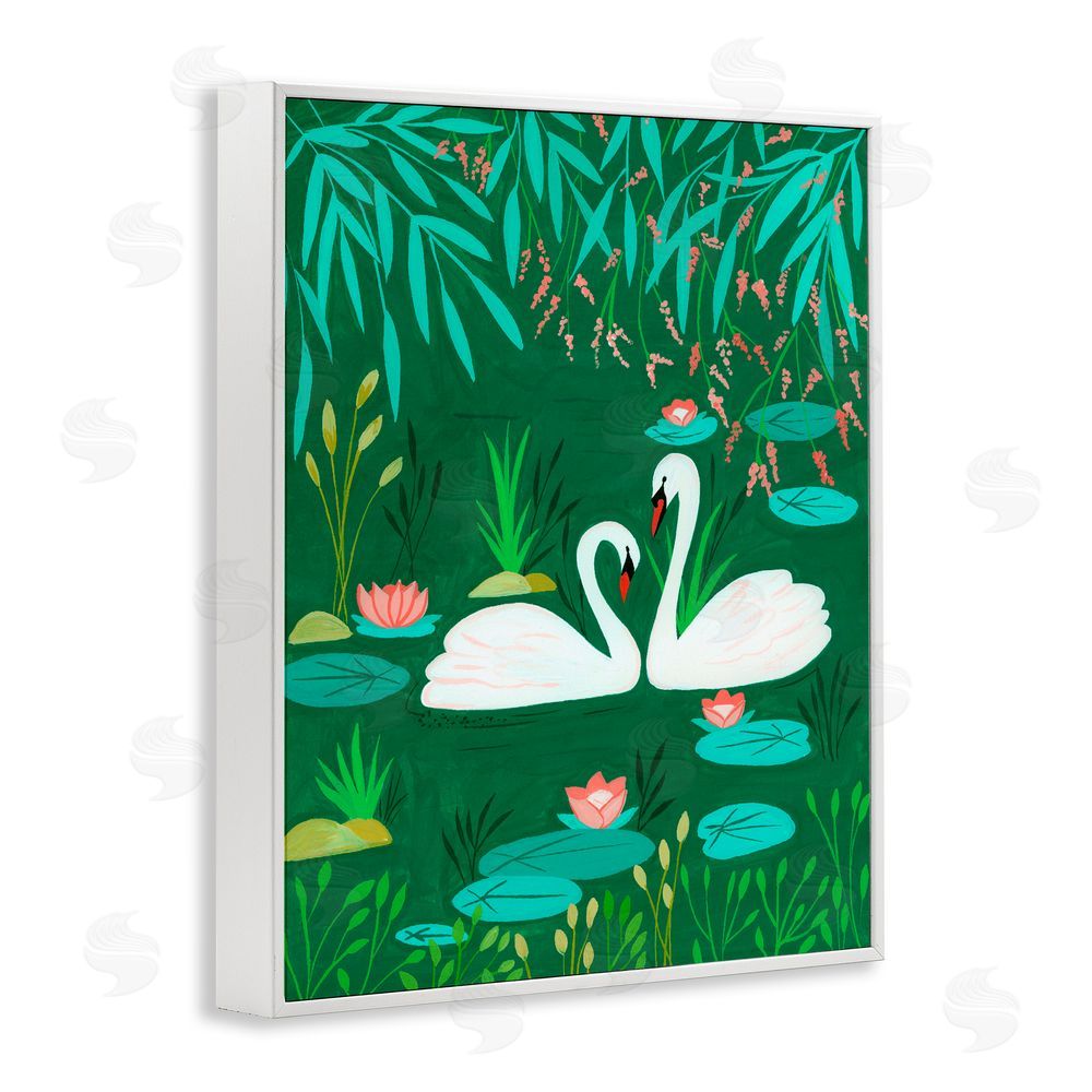 Nabeela Rumi Swan Pair on Green Pond White Framed Giclee Print Wall Art