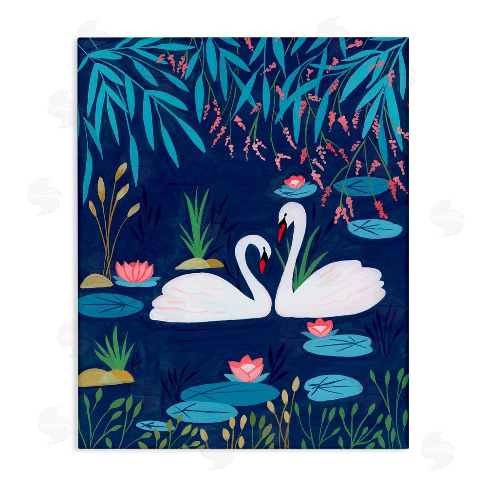 Nabeela Rumi Swan Pair on Blue Pond Stretched Canvas Wall Art Print