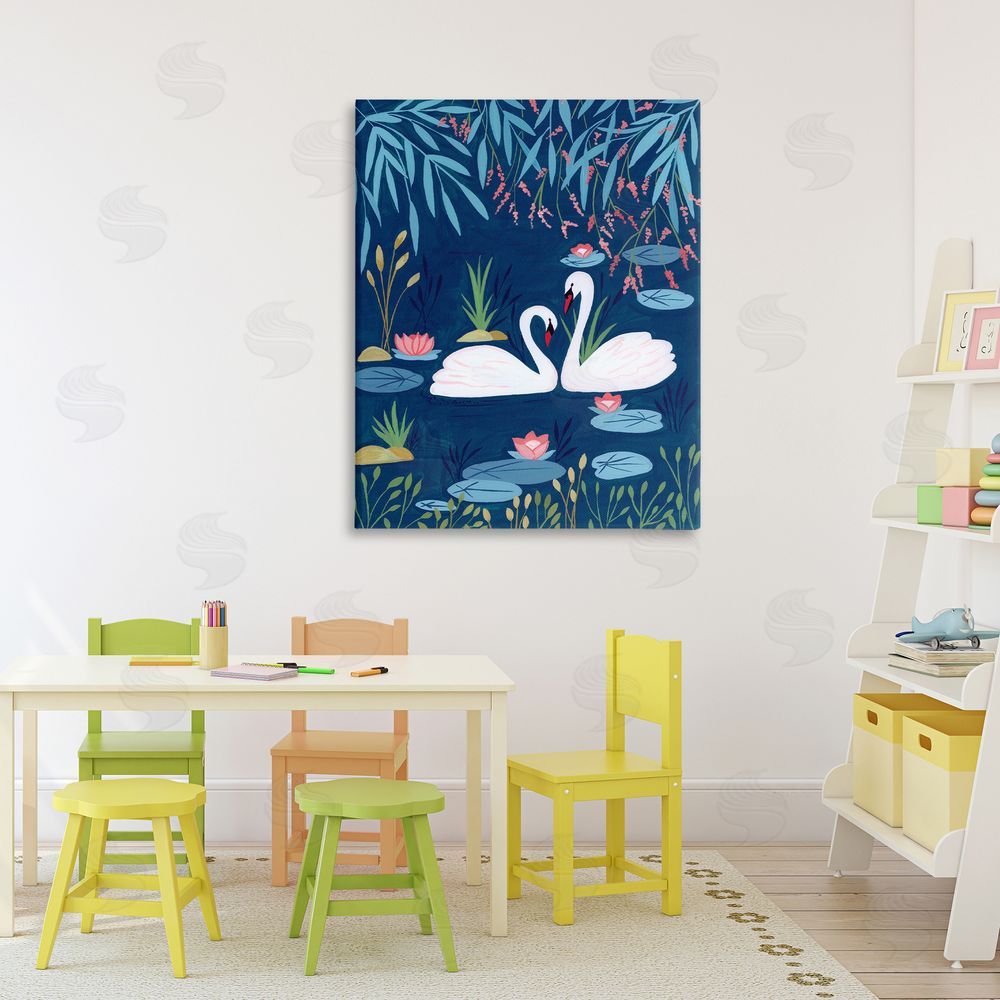 Nabeela Rumi Swan Pair on Blue Pond Stretched Canvas Wall Art Print in Room