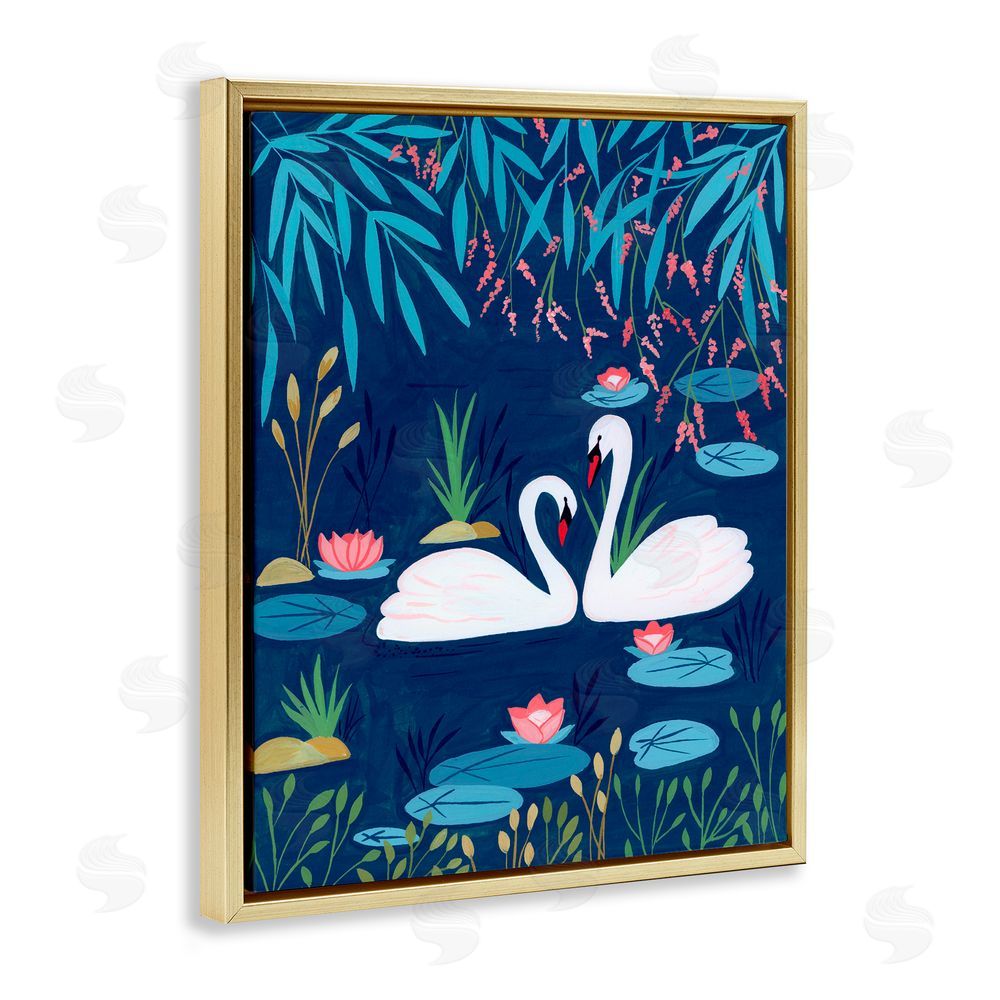 Nabeela Rumi Swan Pair on Blue Pond Gold Floating Frame Canvas Wall Art Print