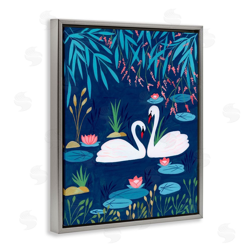 Nabeela Rumi Swan Pair on Blue Pond Gray Floating Frame Canvas Wall Art Print
