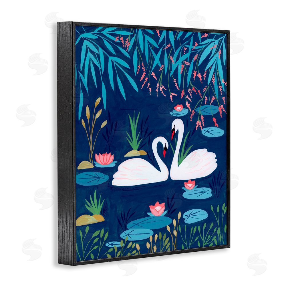 Nabeela Rumi Swan Pair on Blue Pond Black Framed Giclee Print Wall Art
