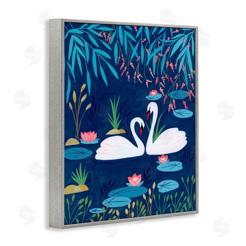 Nabeela Rumi Swan Pair on Blue Pond Gray Framed Giclee Print Wall Art