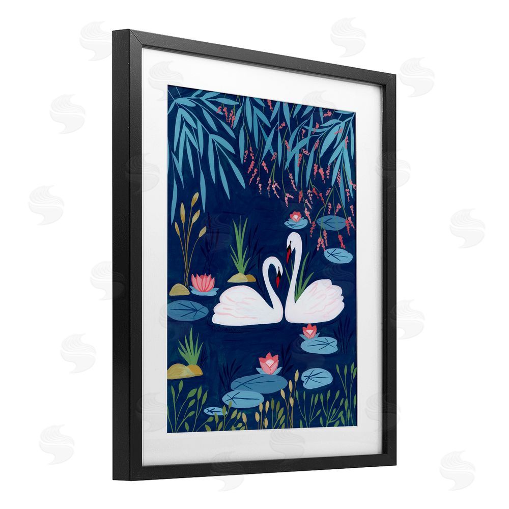 Nabeela Rumi Swan Pair on Blue Pond Black Framed Print Under Glass Wall Art