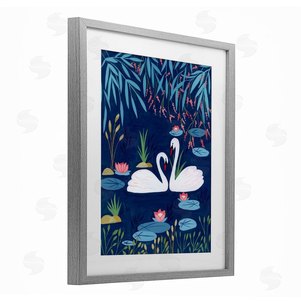 Nabeela Rumi Swan Pair on Blue Pond Gray Framed Print Under Glass Wall Art