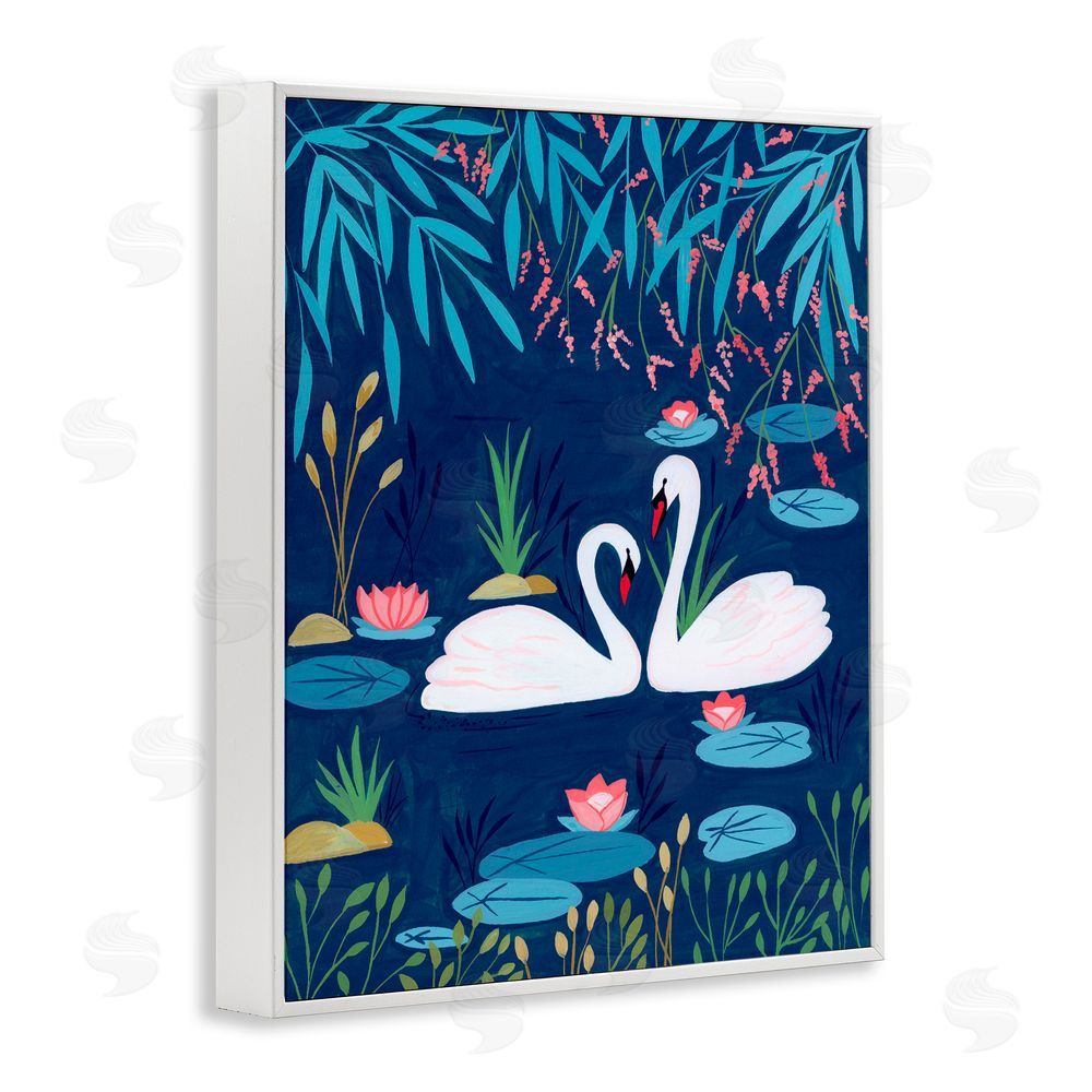 Nabeela Rumi Swan Pair on Blue Pond White Framed Giclee Print Wall Art