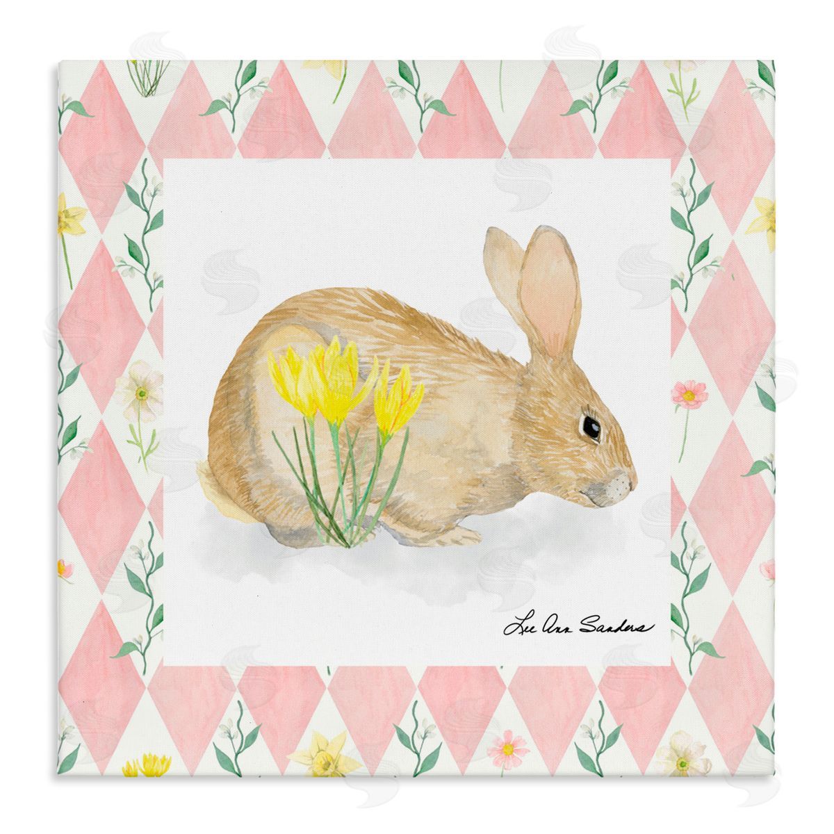 Lee Ann Sanders Buttercup Bunny on Pink Argyle Stretched Canvas Wall Art Print