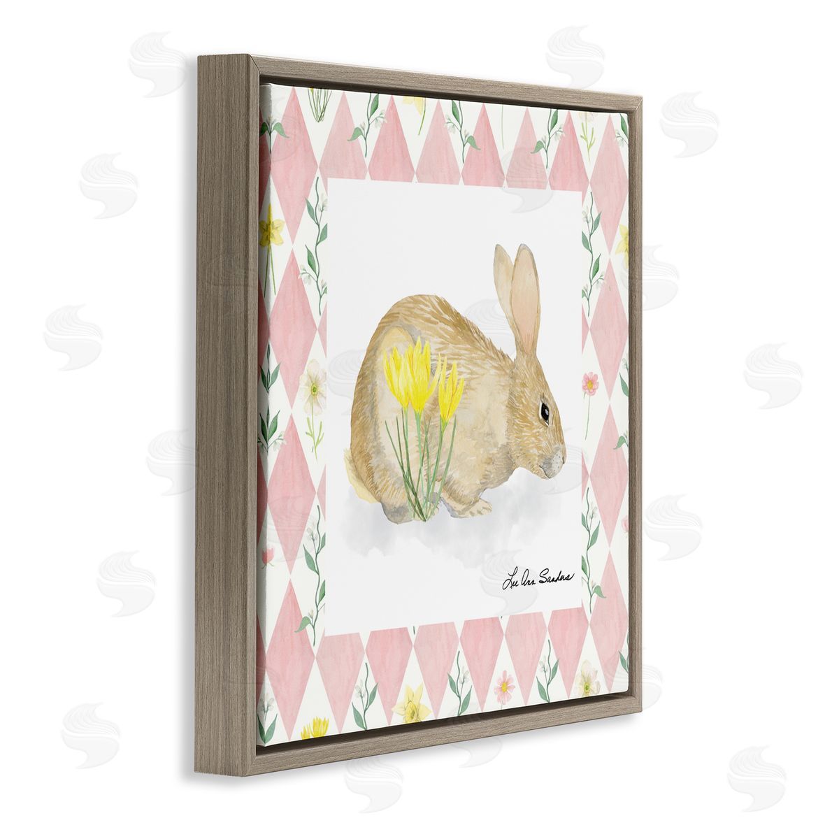 Lee Ann Sanders Buttercup Bunny on Pink Argyle Brown Floating Frame Canvas Wall Art Print