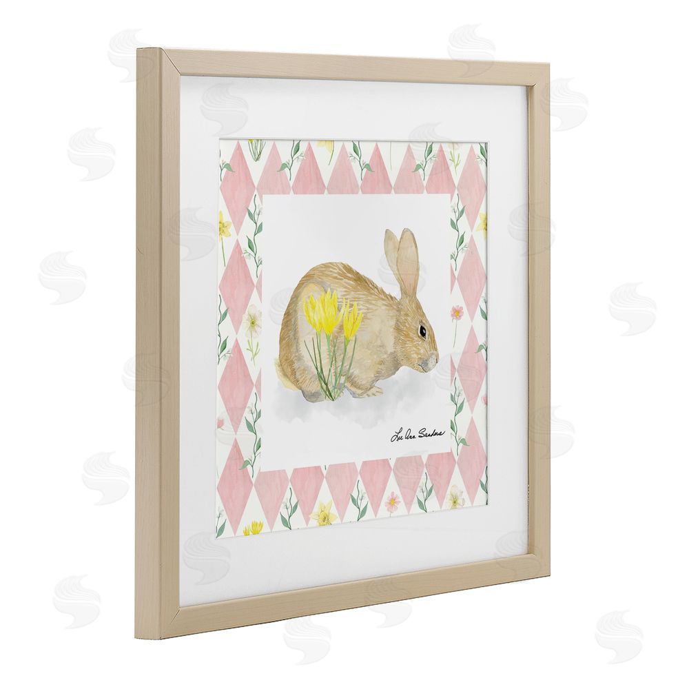 Lee Ann Sanders Buttercup Bunny on Pink Argyle Brown Framed Print Under Glass Wall Art