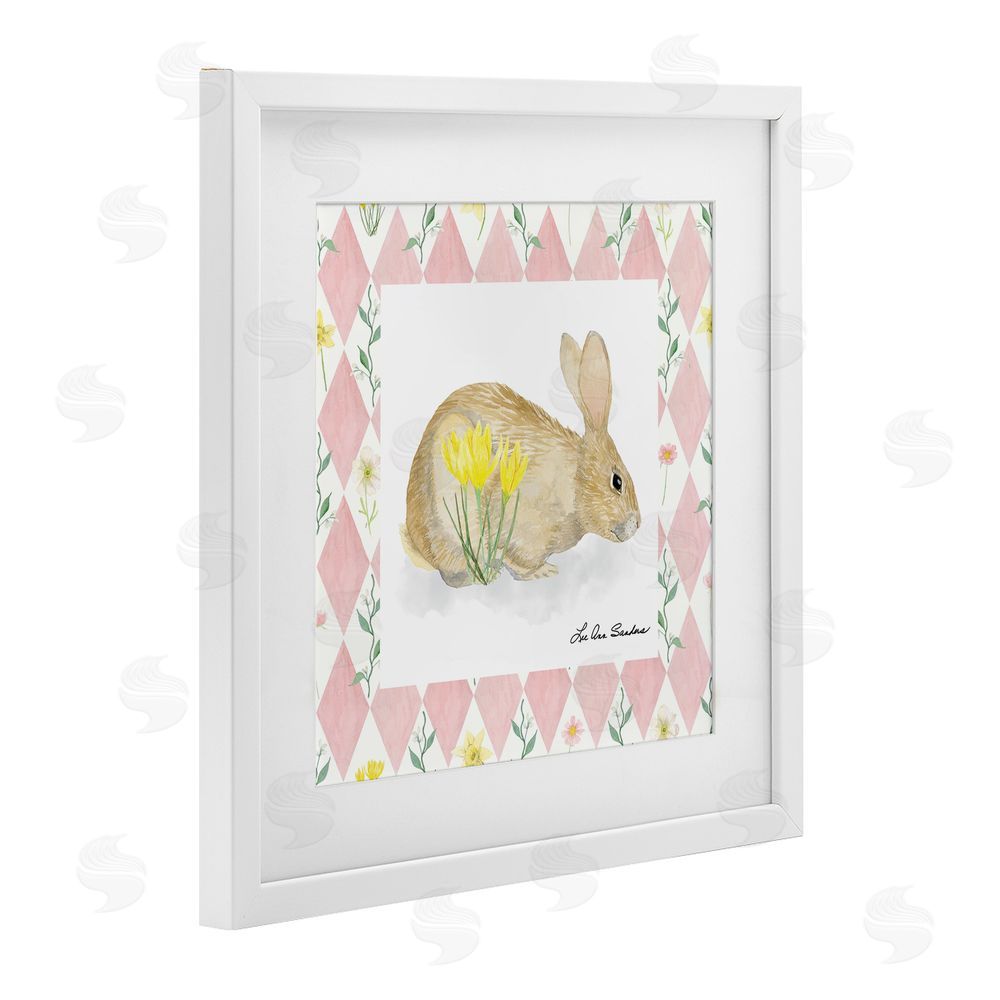 Lee Ann Sanders Buttercup Bunny on Pink Argyle White Framed Print Under Glass Wall Art