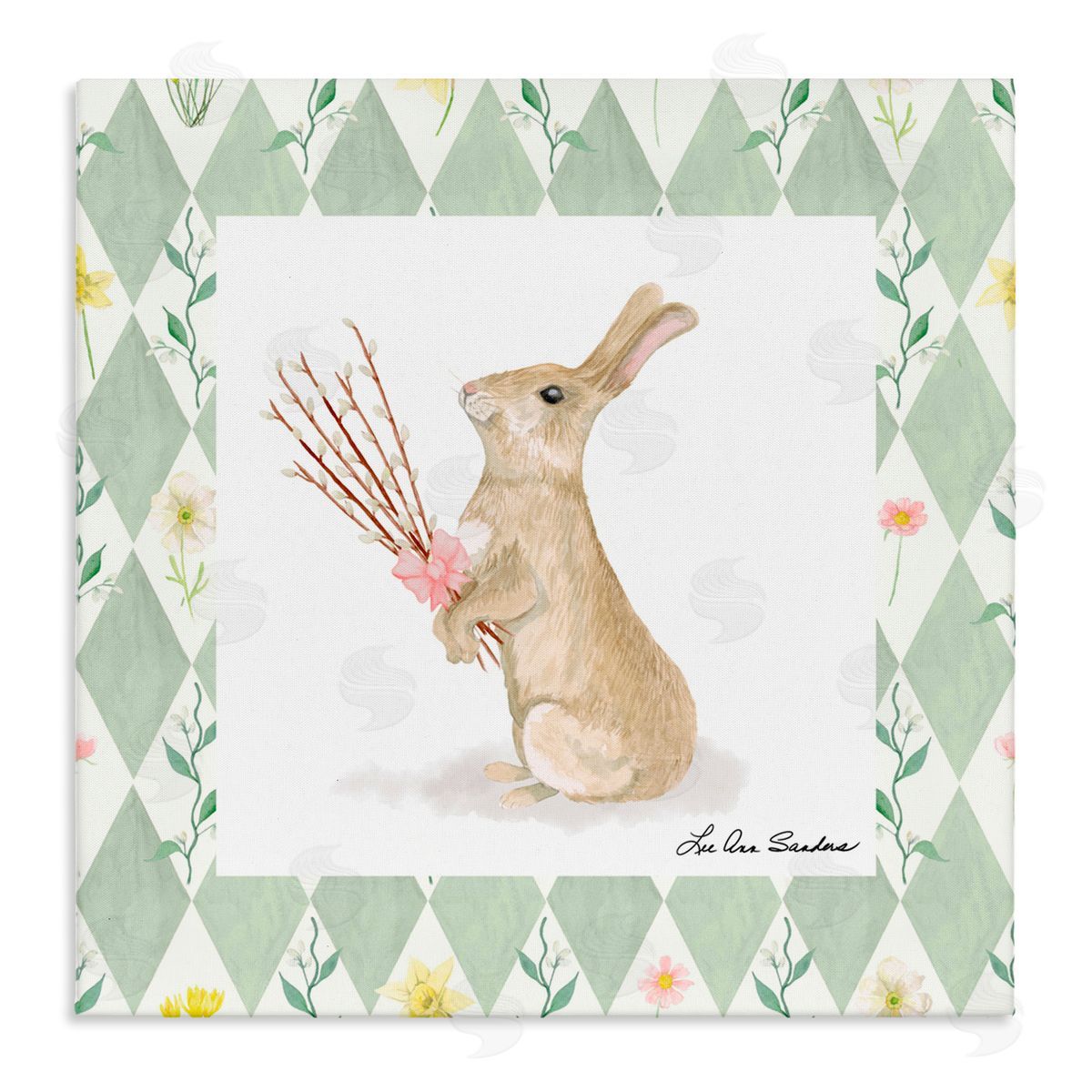 Lee Ann Sanders Bouquet Bunny on Green Argyle Stretched Canvas Wall Art Print