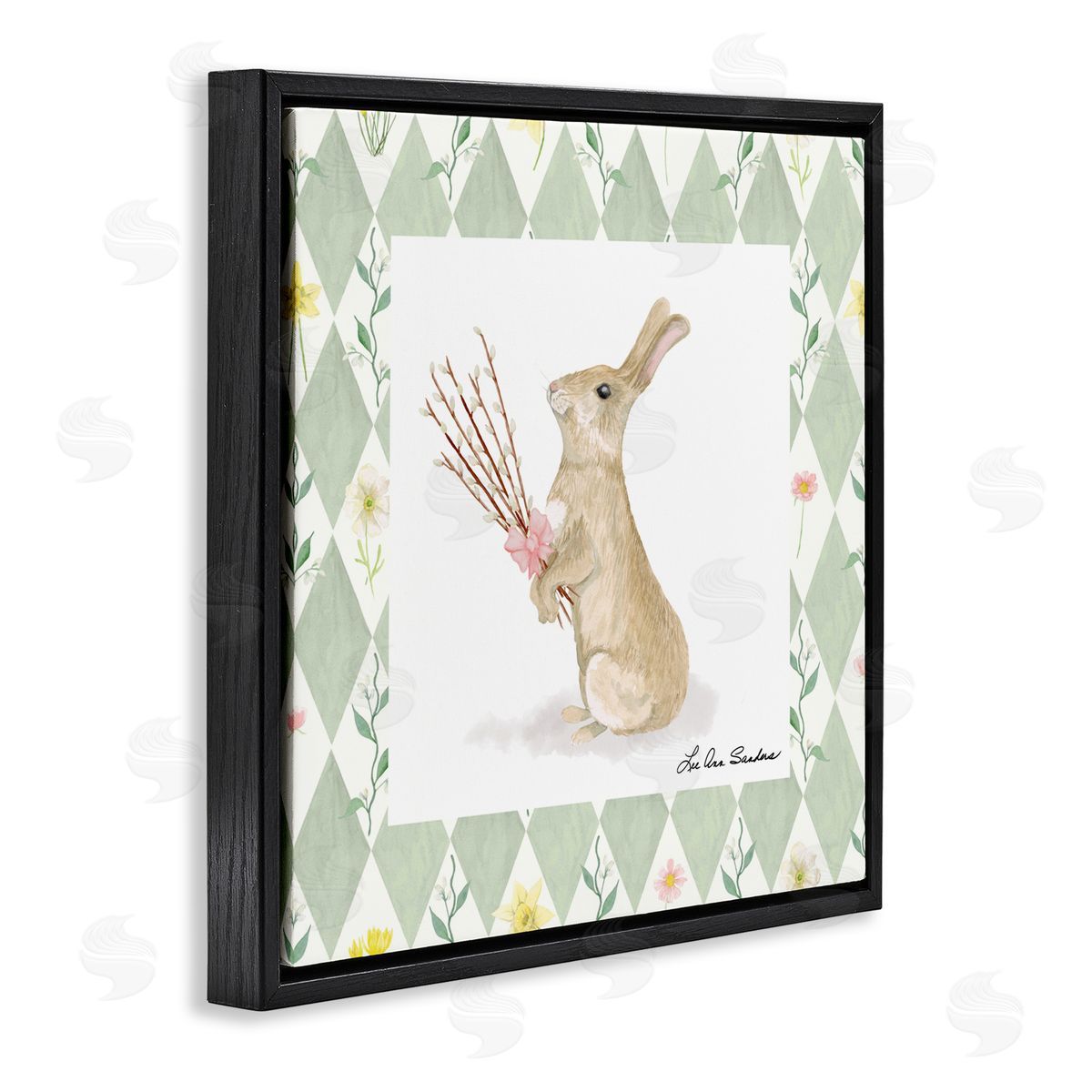Lee Ann Sanders Bouquet Bunny on Green Argyle Black Floating Frame Canvas Wall Art Print