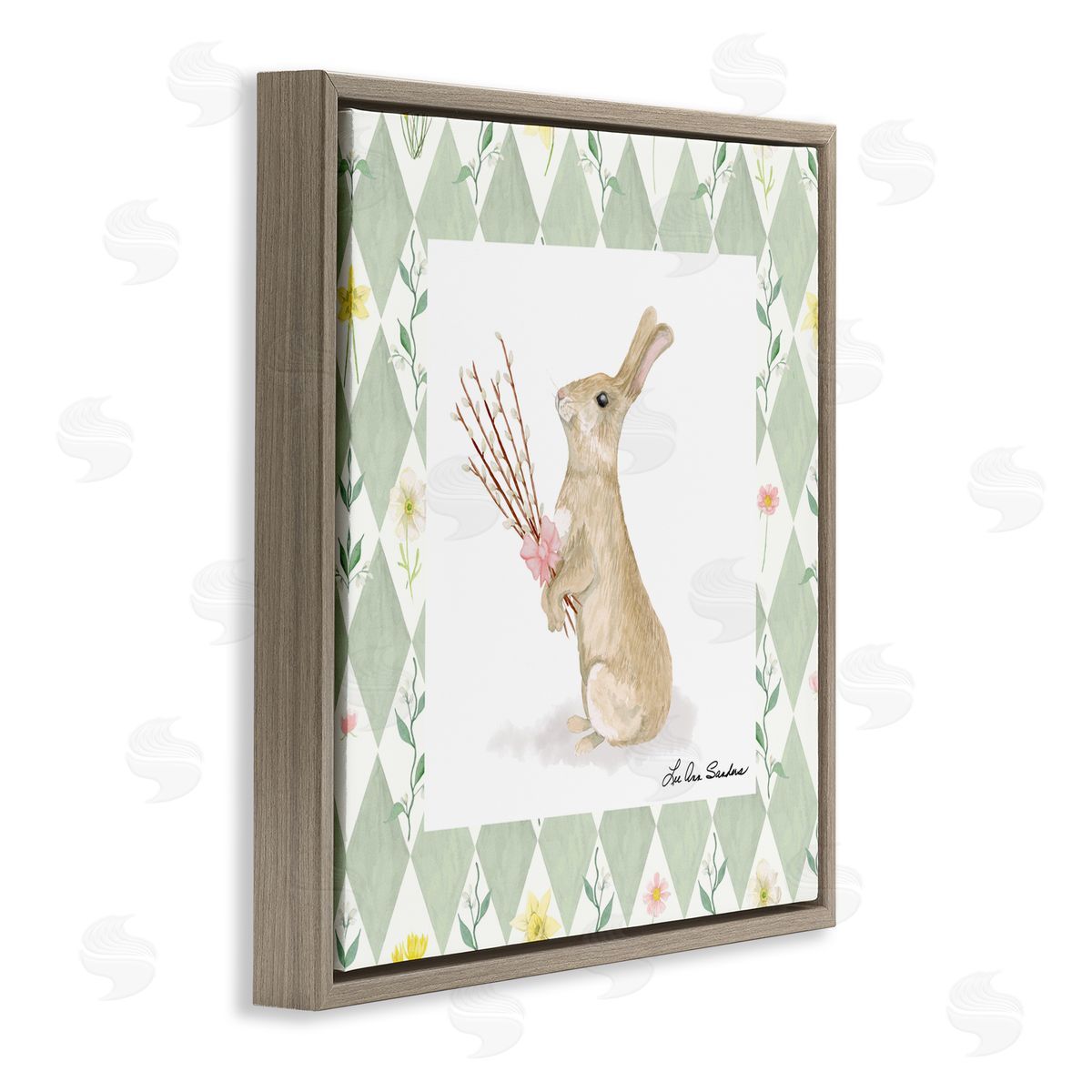 Lee Ann Sanders Bouquet Bunny on Green Argyle Brown Floating Frame Canvas Wall Art Print