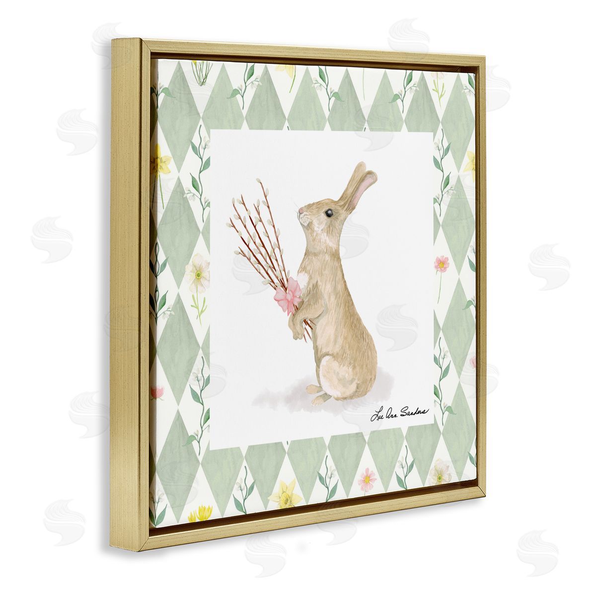 Lee Ann Sanders Bouquet Bunny on Green Argyle Gold Floating Frame Canvas Wall Art Print