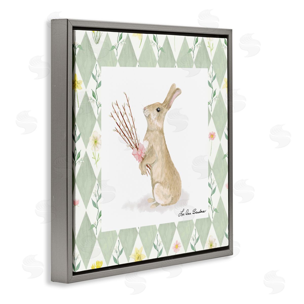 Lee Ann Sanders Bouquet Bunny on Green Argyle Gray Floating Frame Canvas Wall Art Print