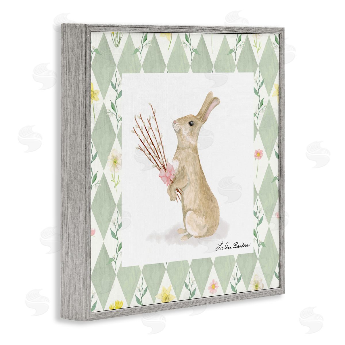 Lee Ann Sanders Bouquet Bunny on Green Argyle Gray Framed Giclee Print Wall Art