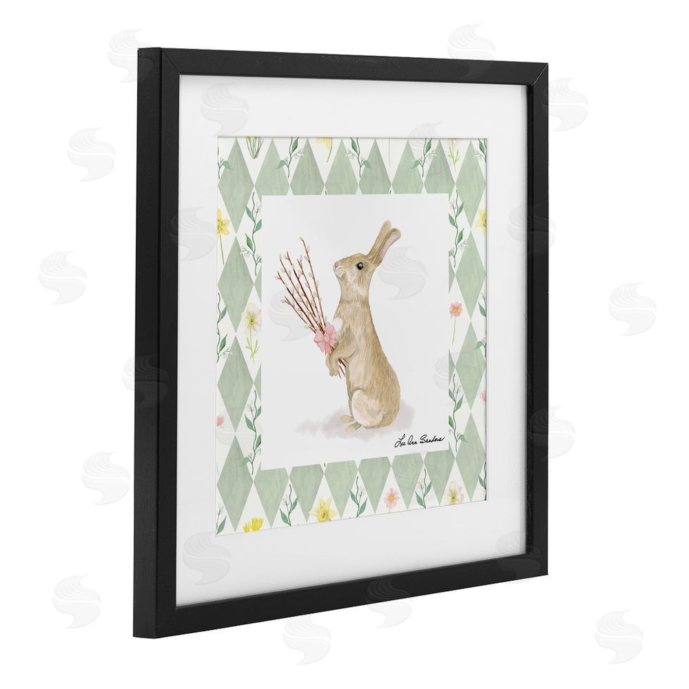 Lee Ann Sanders Bouquet Bunny on Green Argyle Black Framed Print Under Glass Wall Art