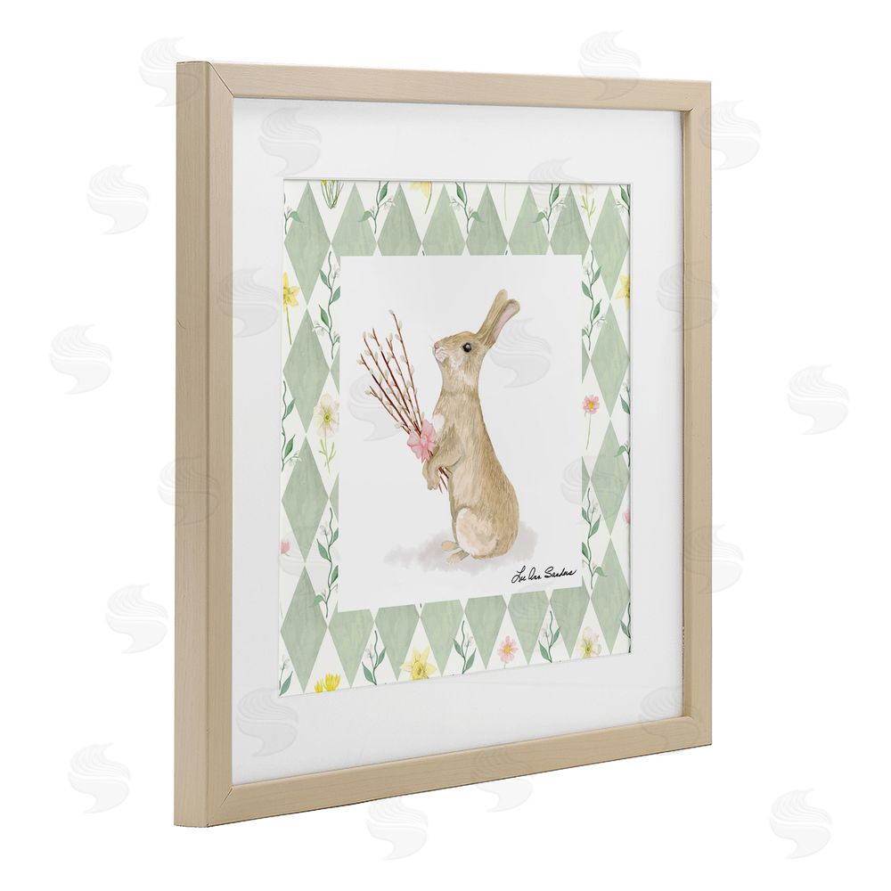 Lee Ann Sanders Bouquet Bunny on Green Argyle Brown Framed Print Under Glass Wall Art