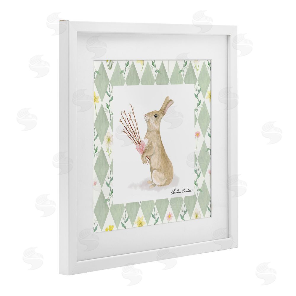 Lee Ann Sanders Bouquet Bunny on Green Argyle White Framed Print Under Glass Wall Art