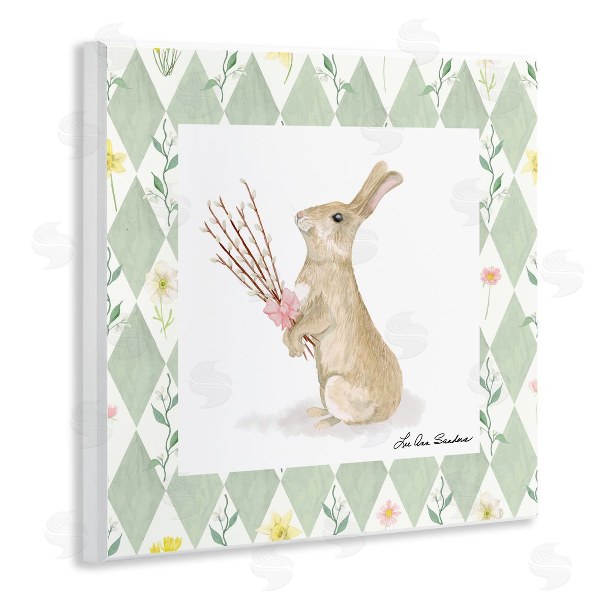 Lee Ann Sanders Bouquet Bunny on Green Argyle Wooden Wall Plaque Art Print