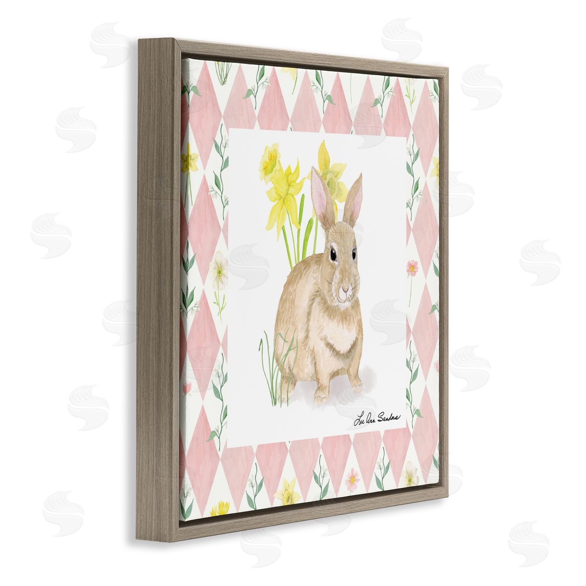 Lee Ann Sanders Bunny on Pink Argyle Brown Floating Frame Canvas Wall Art Print