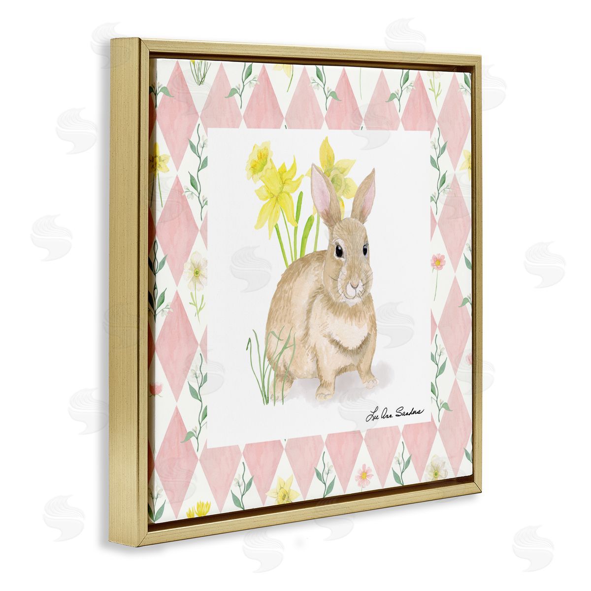 Lee Ann Sanders Bunny on Pink Argyle Gold Floating Frame Canvas Wall Art Print
