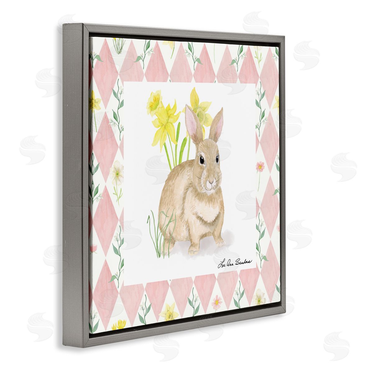 Lee Ann Sanders Bunny on Pink Argyle Gray Floating Frame Canvas Wall Art Print
