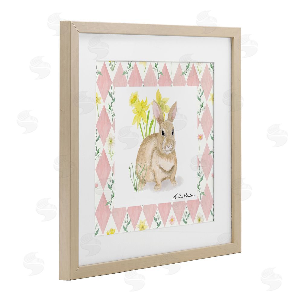 Lee Ann Sanders Bunny on Pink Argyle Brown Framed Print Under Glass Wall Art