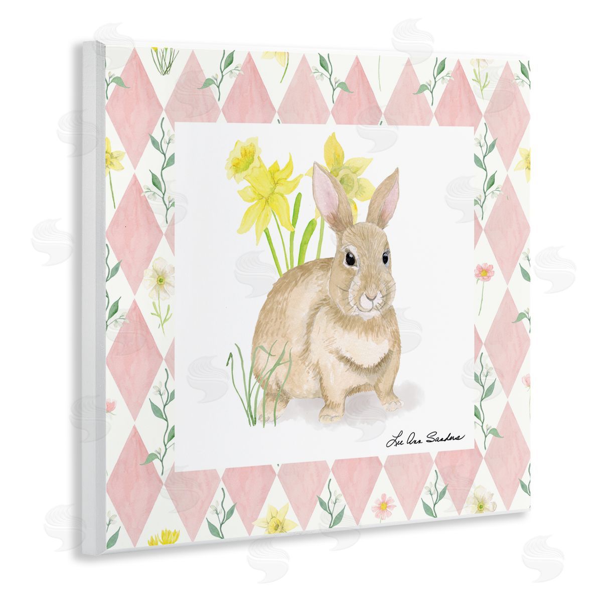 Lee Ann Sanders Bunny on Pink Argyle Wooden Wall Plaque Art Print