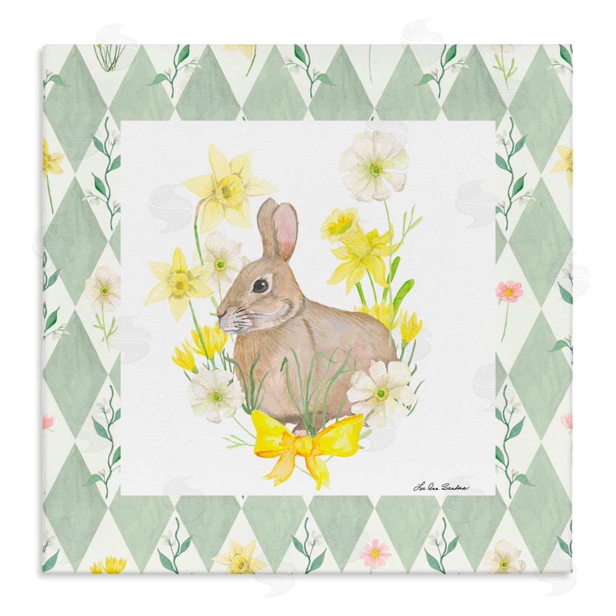 Lee Ann Sanders Mother Bunny on Green Argyle Stretched Canvas Wall Art Print