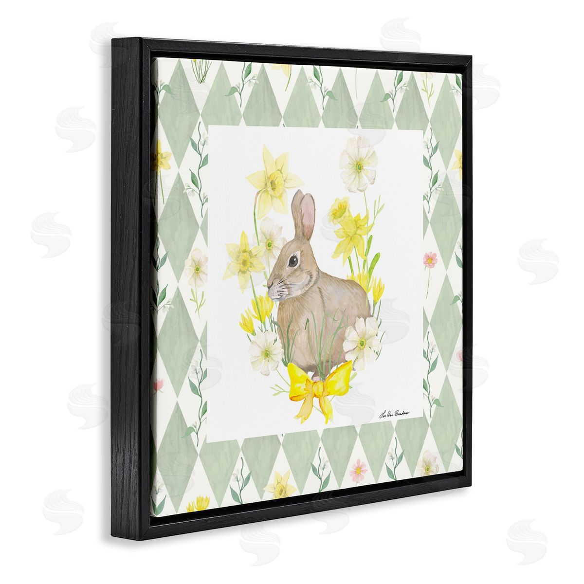 Lee Ann Sanders Mother Bunny on Green Argyle Black Floating Frame Canvas Wall Art Print