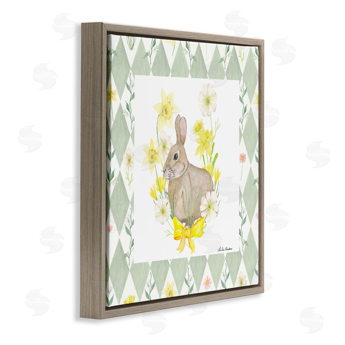 Lee Ann Sanders Mother Bunny on Green Argyle Brown Floating Frame Canvas Wall Art Print