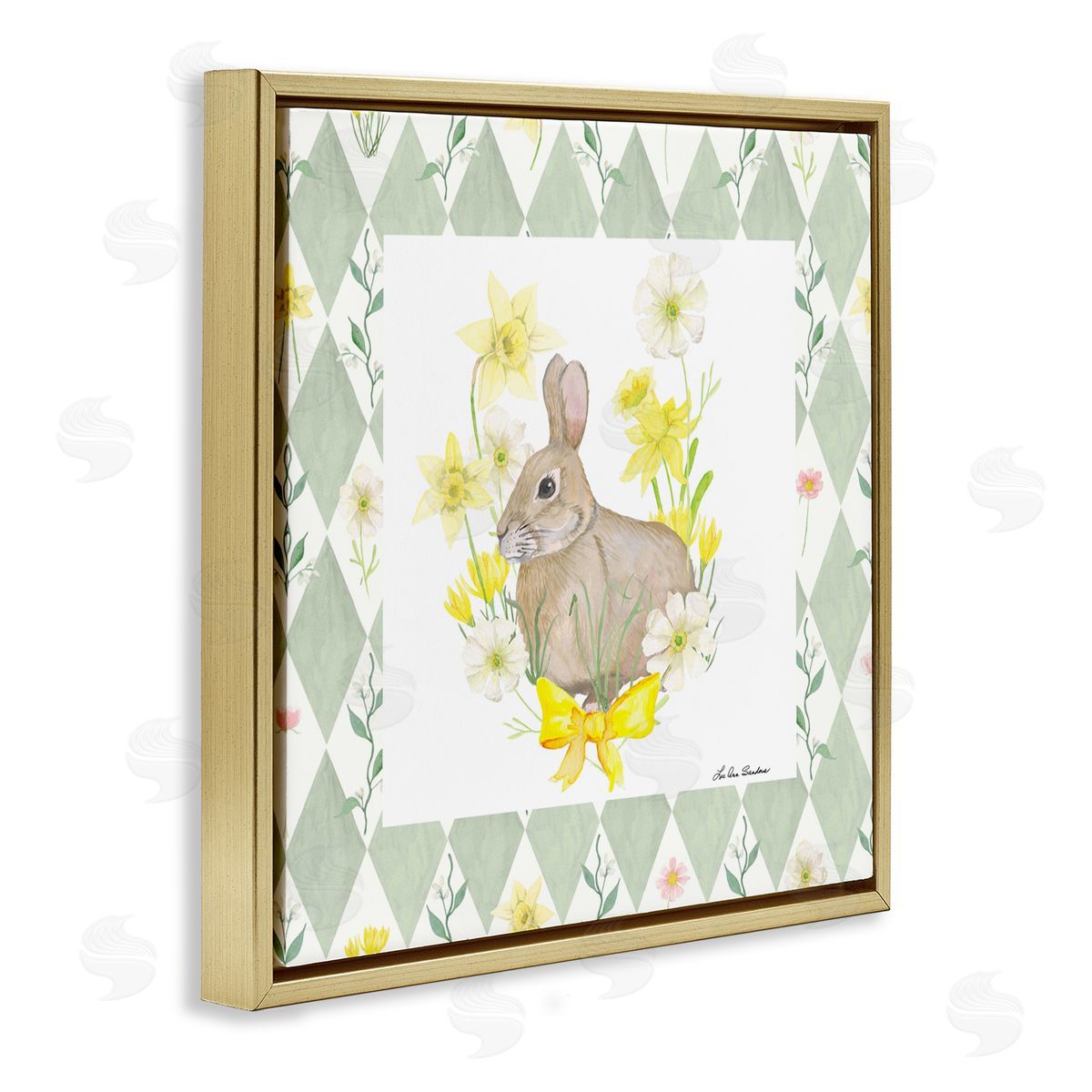 Lee Ann Sanders Mother Bunny on Green Argyle Gold Floating Frame Canvas Wall Art Print
