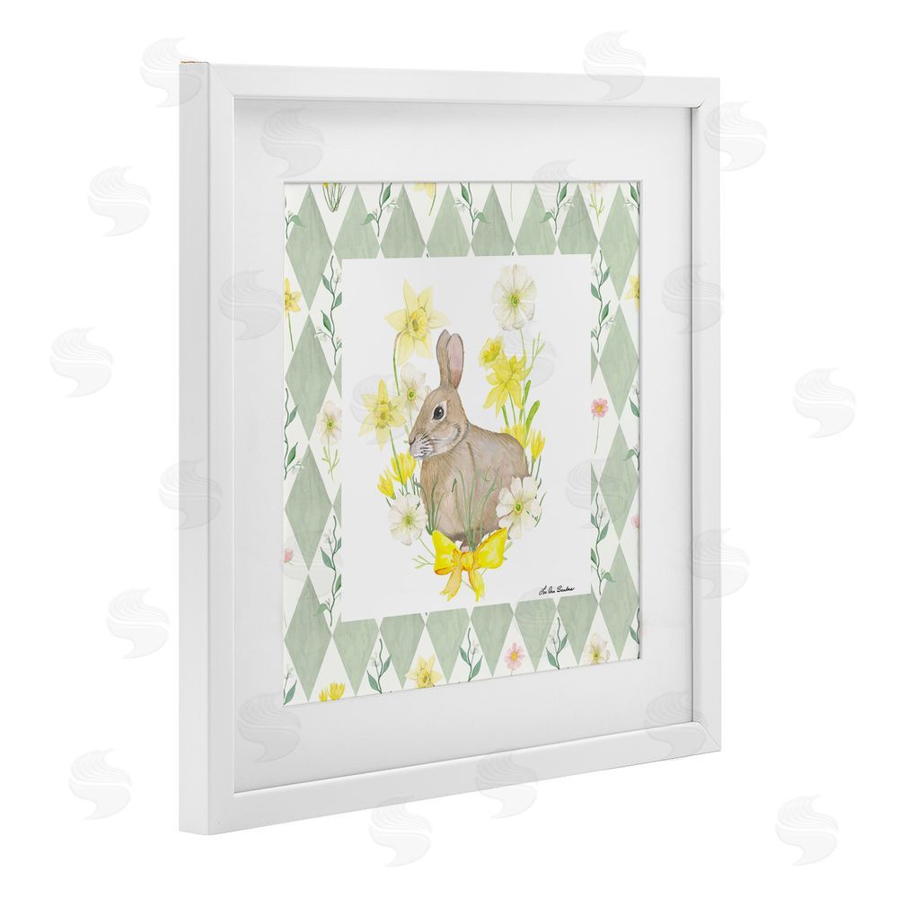 Lee Ann Sanders Mother Bunny on Green Argyle White Framed Print Under Glass Wall Art