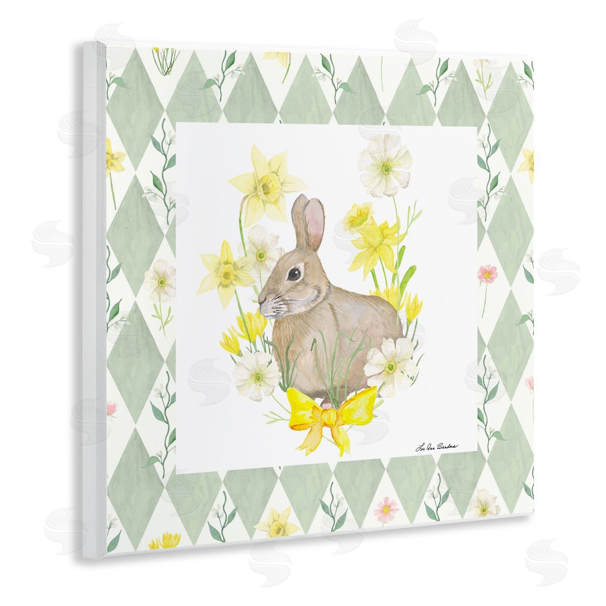 Lee Ann Sanders Mother Bunny on Green Argyle Wooden Wall Plaque Art Print