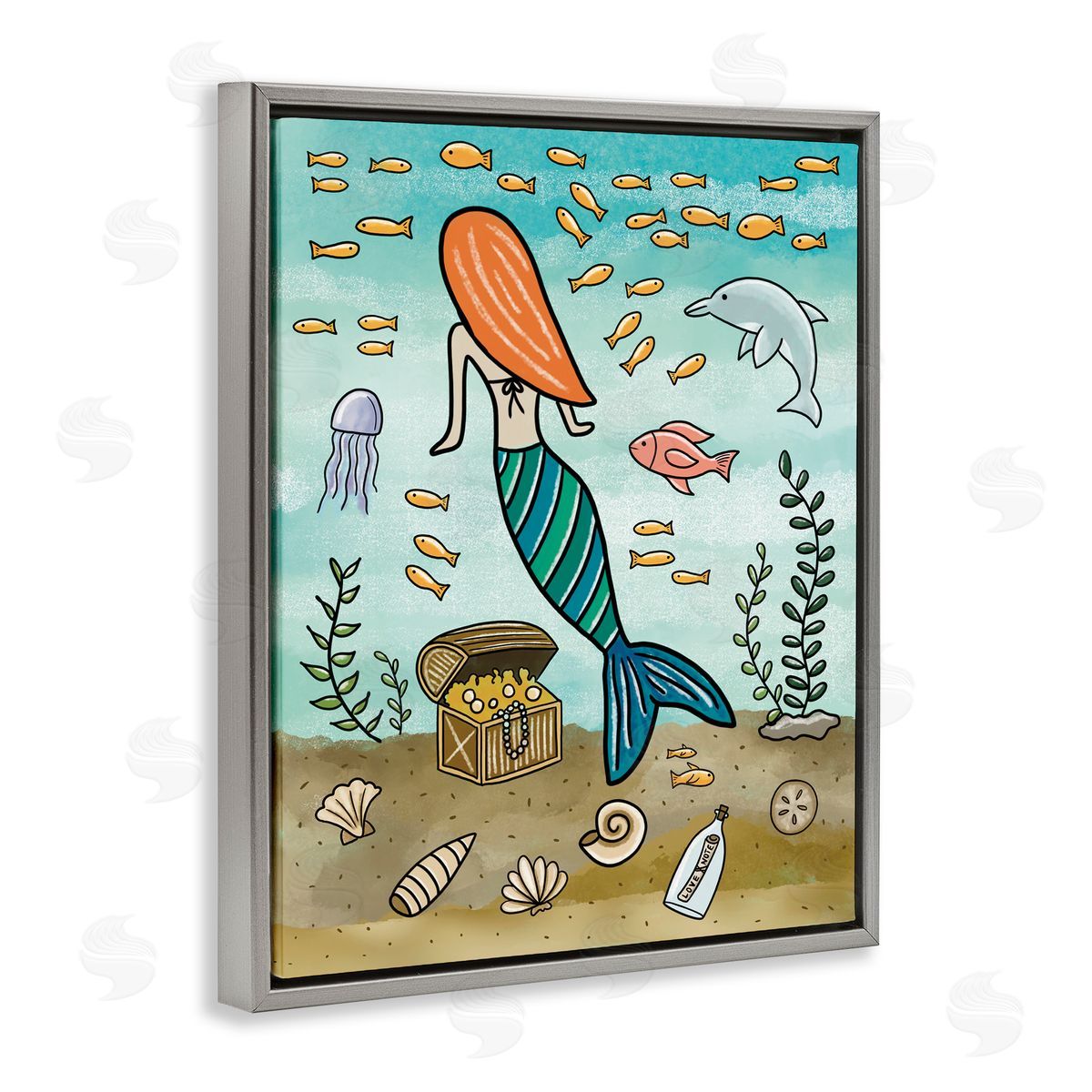 Jennifer Stith Mermaid Treasure Love Note Gray Floating Frame Canvas Wall Art Print