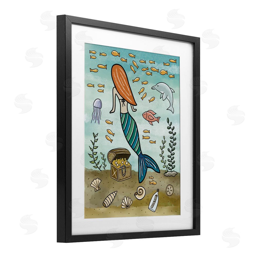 Jennifer Stith Mermaid Treasure Love Note Black Framed Print Under Glass Wall Art