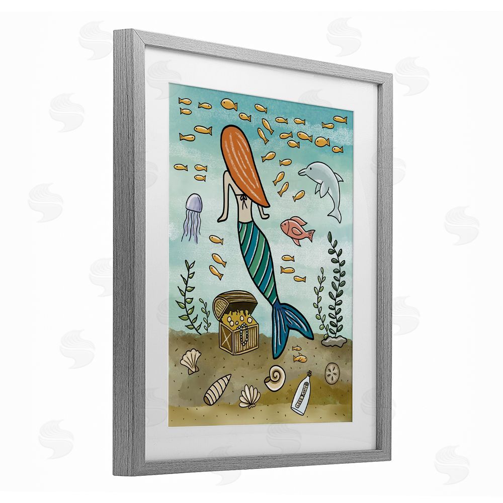 Jennifer Stith Mermaid Treasure Love Note Gray Framed Print Under Glass Wall Art