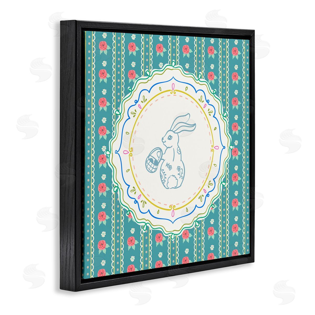 Angela Steahling Flower Stripes Pattern Bunny Black Floating Frame Canvas Wall Art Print
