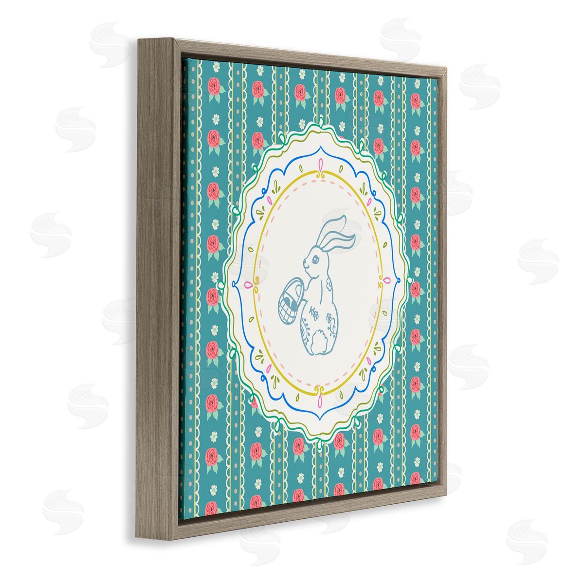 Angela Steahling Flower Stripes Pattern Bunny Brown Floating Frame Canvas Wall Art Print