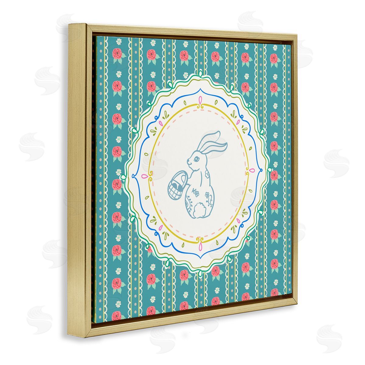 Angela Steahling Flower Stripes Pattern Bunny Gold Floating Frame Canvas Wall Art Print